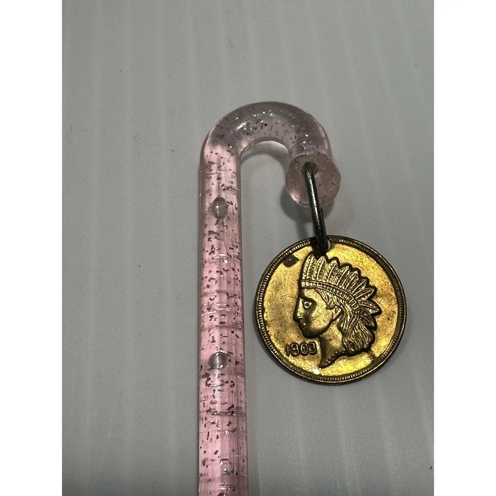 VTG Indianhead Penny Swizzle‎ Stick Drink Garnish Glitter Candy Cain Barware Bar
